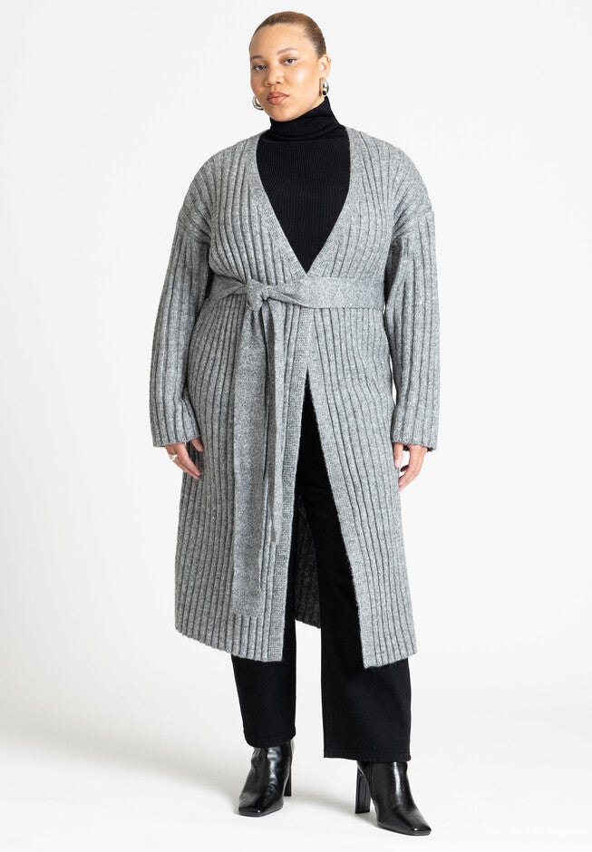 Long Belted Cardigan, CHARCOAL GRAY, hi-res image number null