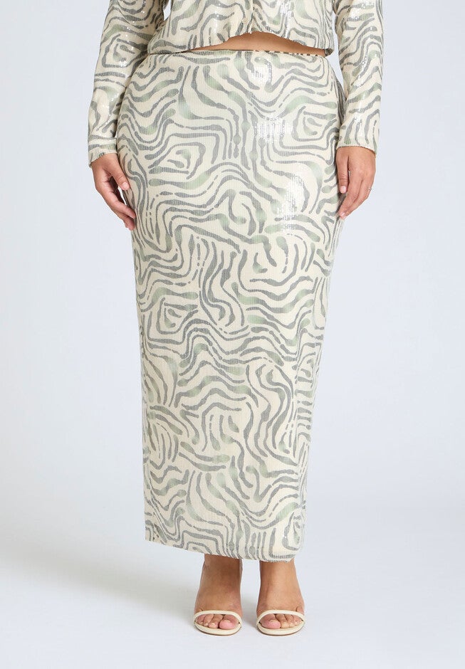 Printed Sequin Maxi Skirt, SPRING GREEN SQUIGGLES, alternate image number null