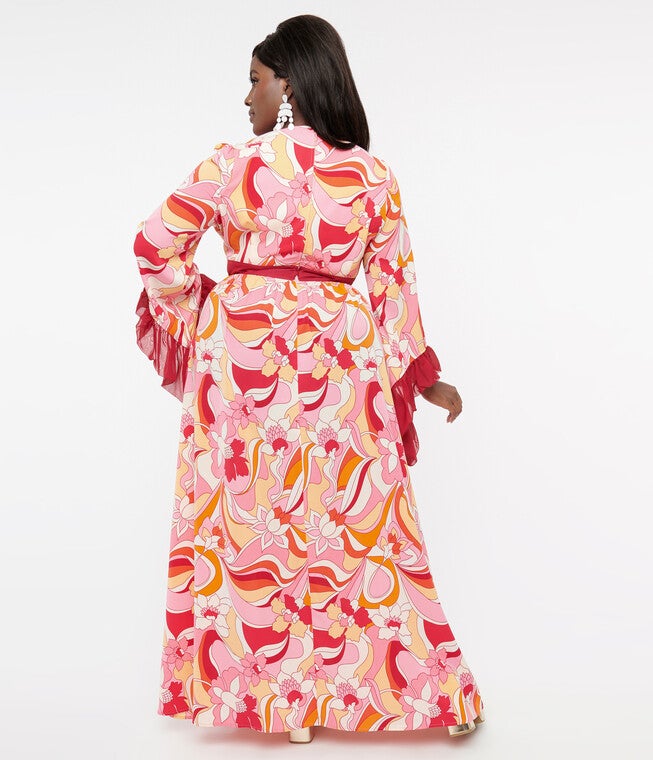 Unique Vintage 1960s Pink & Red Psychedelic Floral Maxi Dress, , alternate image number null