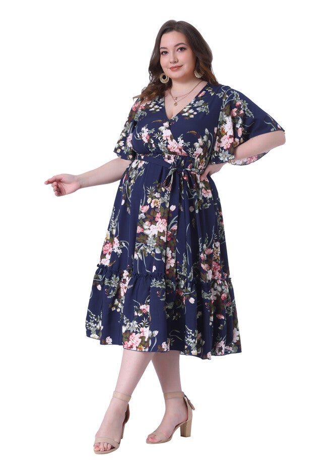 V Neck Wrap Dress Ruffle Sleeves Summer Floral Dress, Navy Blue / Navy, hi-res image number null