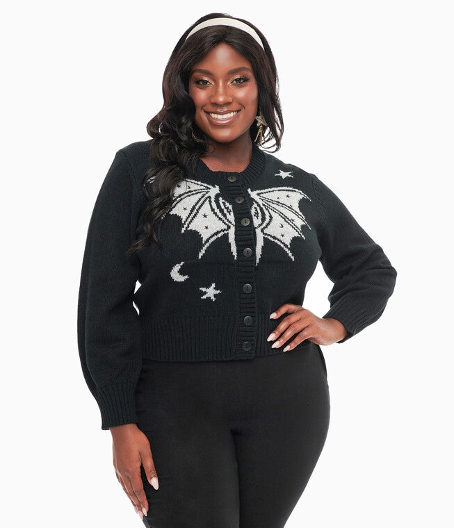 1950s Black & Silver Bat Cropped Cardigan, Black Silver Bat / Black, alternate image number null