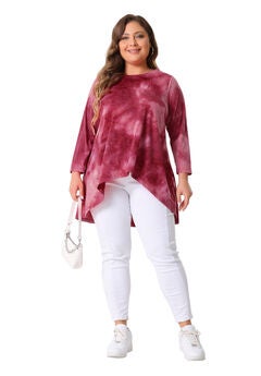 Tie Dye Crew Neck 3/4 Sleeve High Low Tunic Top Tee Shirt