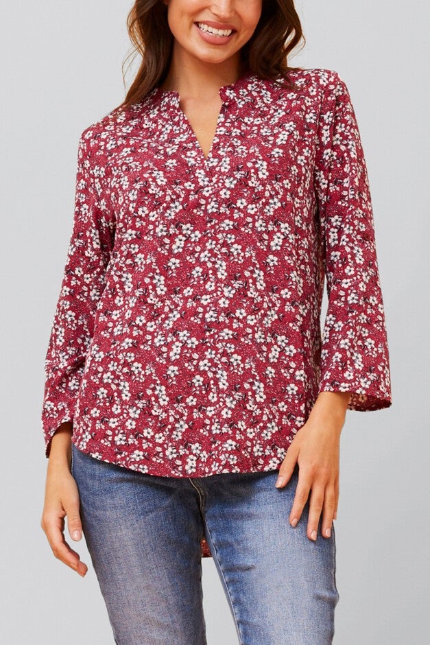 Elie Top Floral Ditsy Print V Neck Blouse Red, Red / Red, alternate image number null