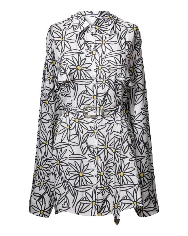 Printed Belted Boyfriend Blouse, Daisy / White, alternate image number null