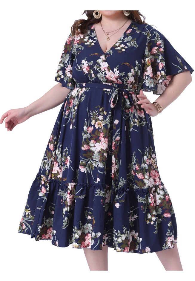 V Neck Wrap Dress Ruffle Sleeves Summer Floral Dress, Navy Blue / Navy, alternate image number null