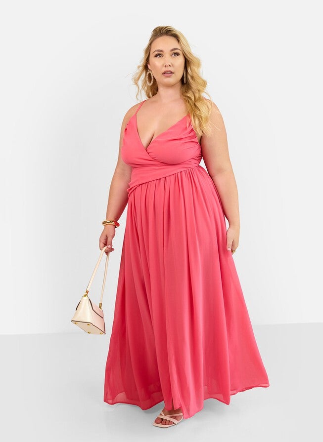 VITTORIA CHIFFON DRAPE MAXI A LINE DRESS - CORAL PINK, Pink / Pink, alternate image number null