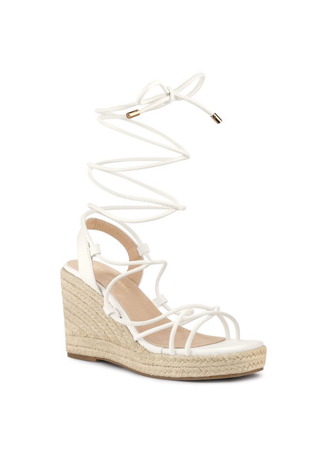Platform Square Toe Lace Up Espadrilles Heels Wedge Sandals, White / White, hi-res image number null