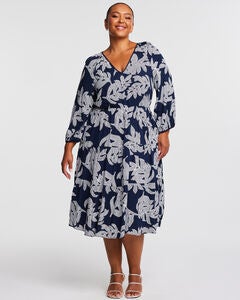 Leafy Navy/White Tiered Midi Dress