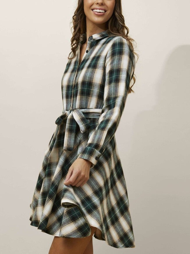 Fiona Shirt Dress Waist Tie Plaid Print Green, , alternate image number null