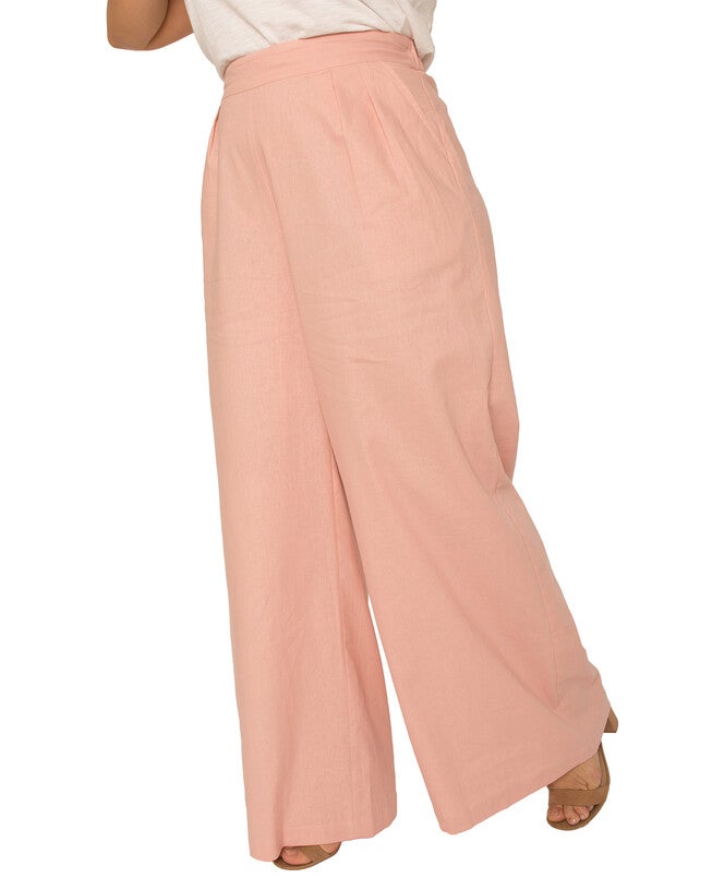 Cici Plus Size High Rise Wide Leg Linen Peach Lounge Pants, Peach / Peach, alternate image number null
