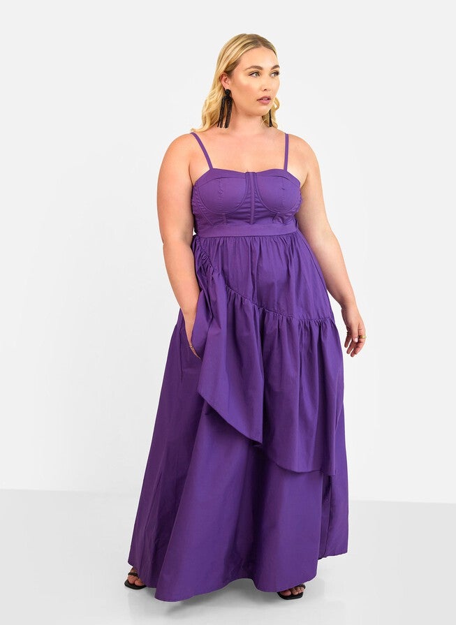 VIOLETTE POPLIN CORSET RUFFLE MAXI A LINE DRESS - PLUM, Purple / Purple, hi-res image number null