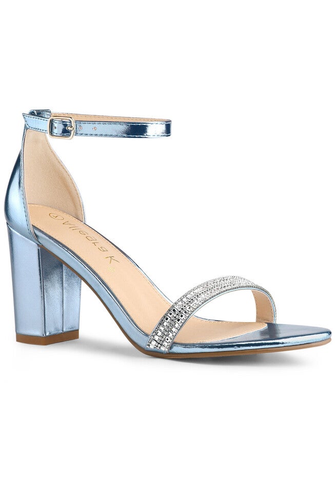 Rhinestone Ankle Strap Chunky Heels Sandals, Blue / Light Blue, hi-res image number null