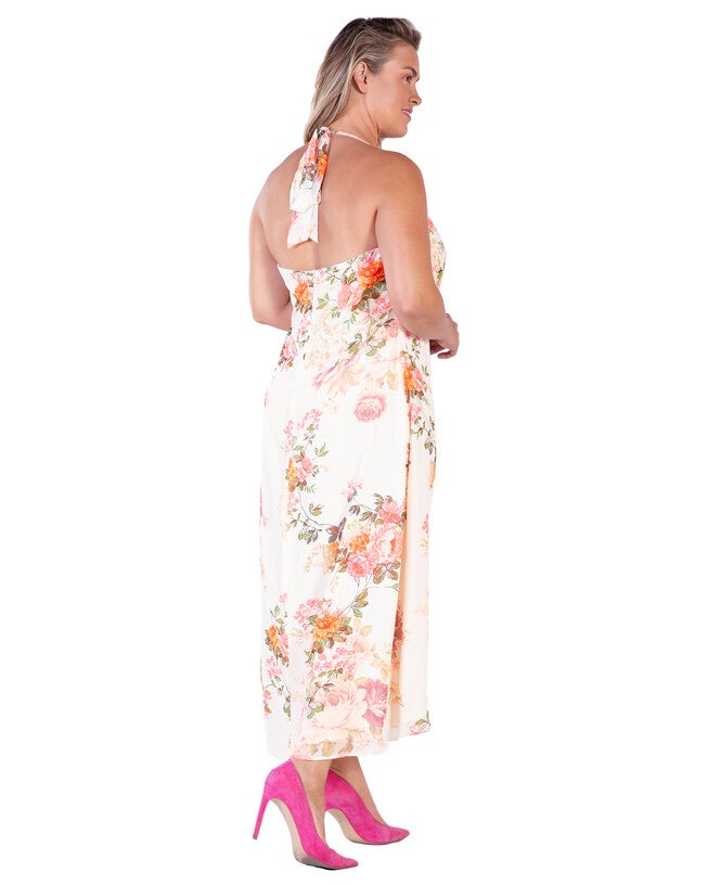 Akari Womens Plus Size Floral Print Cowl Neck Backless Maxi Dress, Beige / Beige, alternate image number null