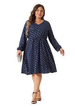 V Neck Long Sleeve with Pocket Gilding Metallic Dress
