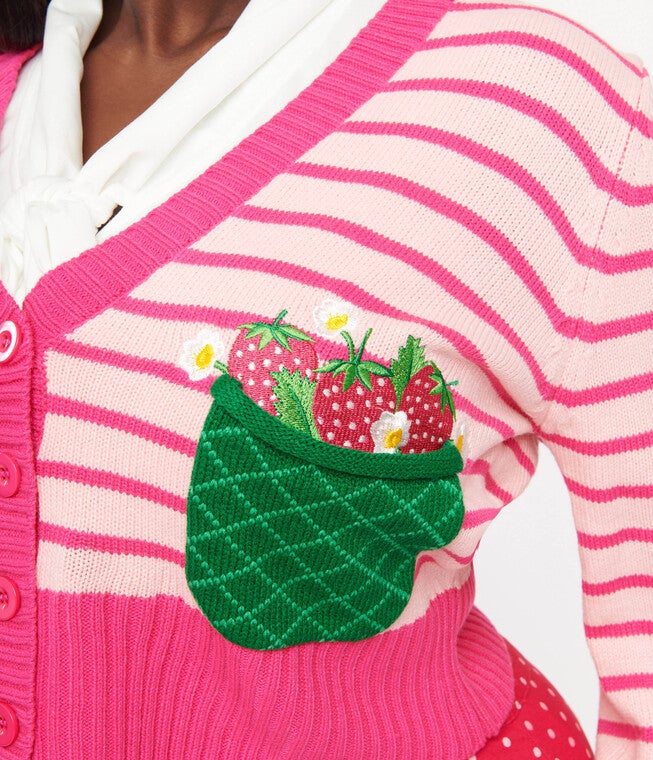 Smak Parlour 1960s Pink Stripes & Strawberry Pocket Cardigan, , alternate image number null