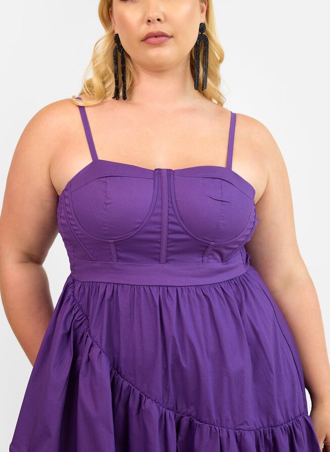 VIOLETTE POPLIN CORSET RUFFLE MAXI A LINE DRESS - PLUM, Purple / Purple, alternate image number null